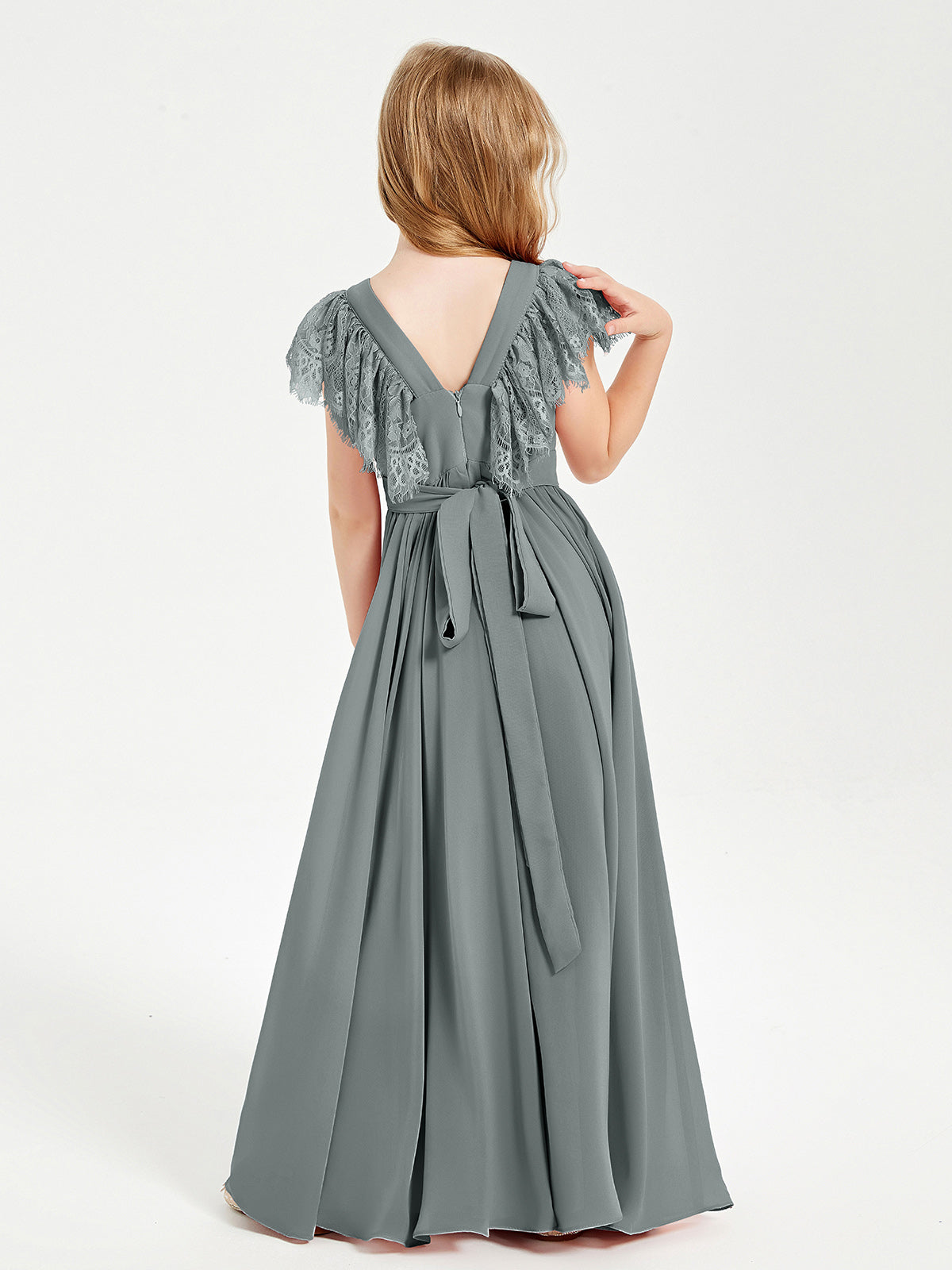 Chiffon Junior Bridesmaid Dresses with Lace Flutter Sleeves Steel Grey
